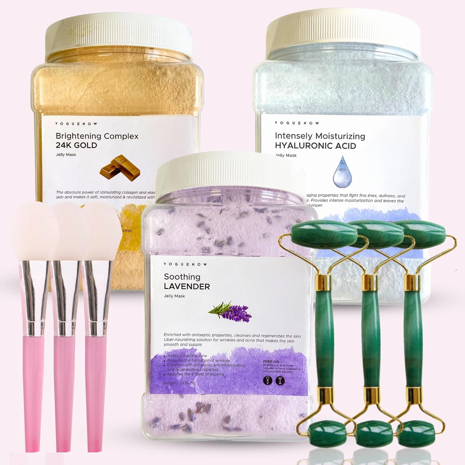 VogueNow Jelly Face Mask for Facials - 24K Gold   Lavender   Hyaluronic Acid (Pack of 3) - Hydrating Brightening & Nourishing - Free Jade Roller & Spatula - Professional Hydrojelly Masks - 69 Oz Jar