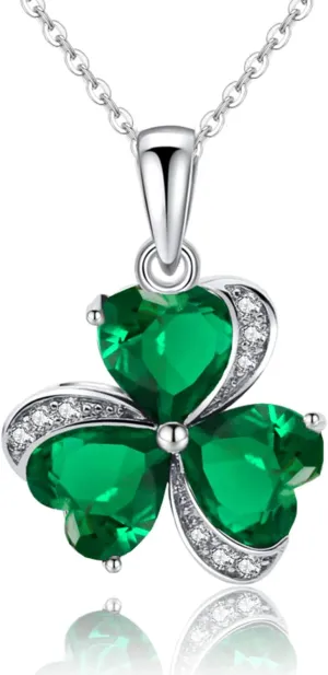 VONSSY Elegant Clover Pendant Necklace | Emerald Green Gemstone Irish Shamrock Pendant | Platinum Gold Plated Chain | Meaningful Jewelry Gift for Women Mother Girlfriend