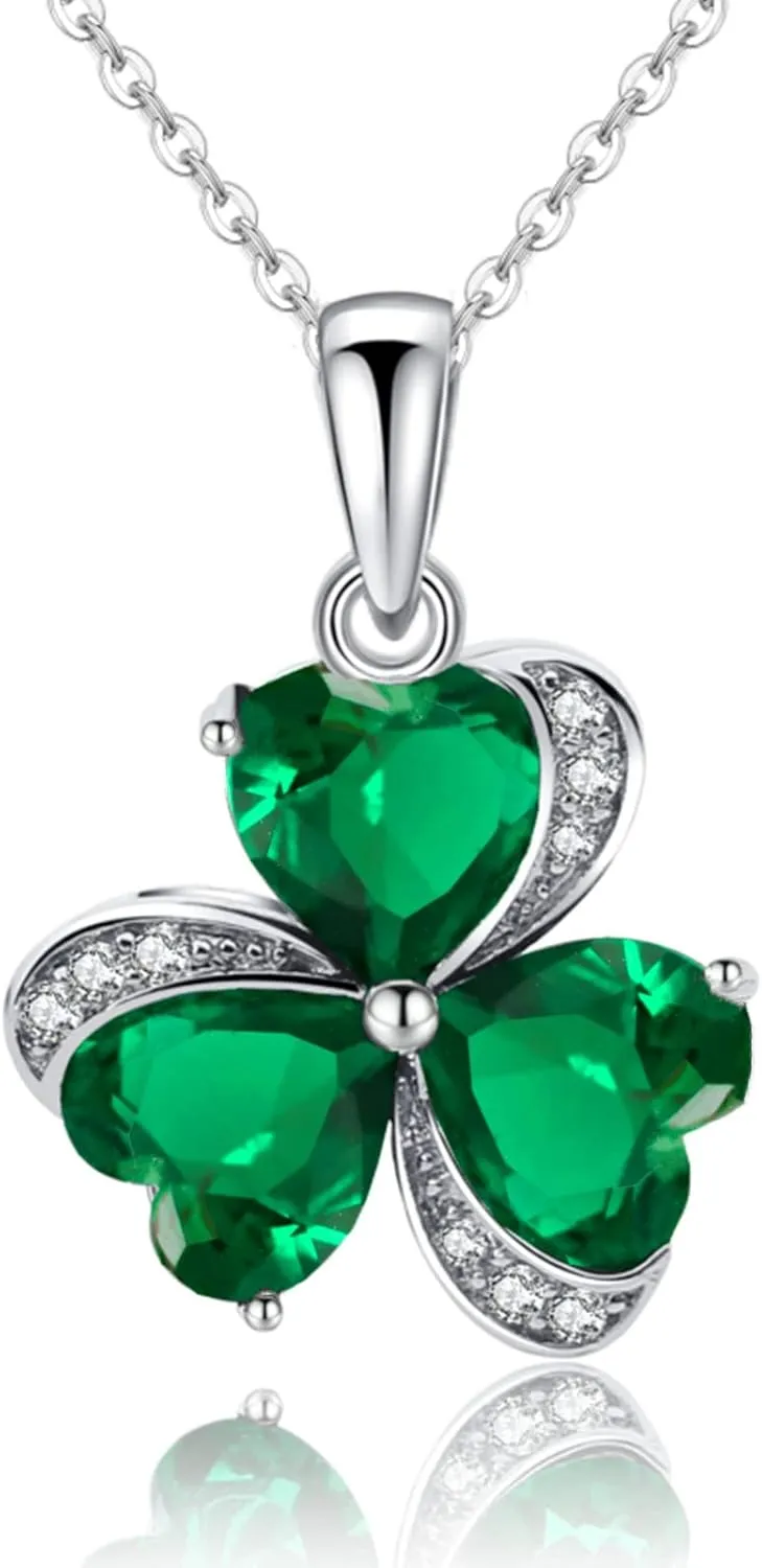VONSSY Elegant Clover Pendant Necklace | Emerald Green Gemstone Irish Shamrock Pendant | Platinum Gold Plated Chain | Meaningful Jewelry Gift for Women Mother Girlfriend