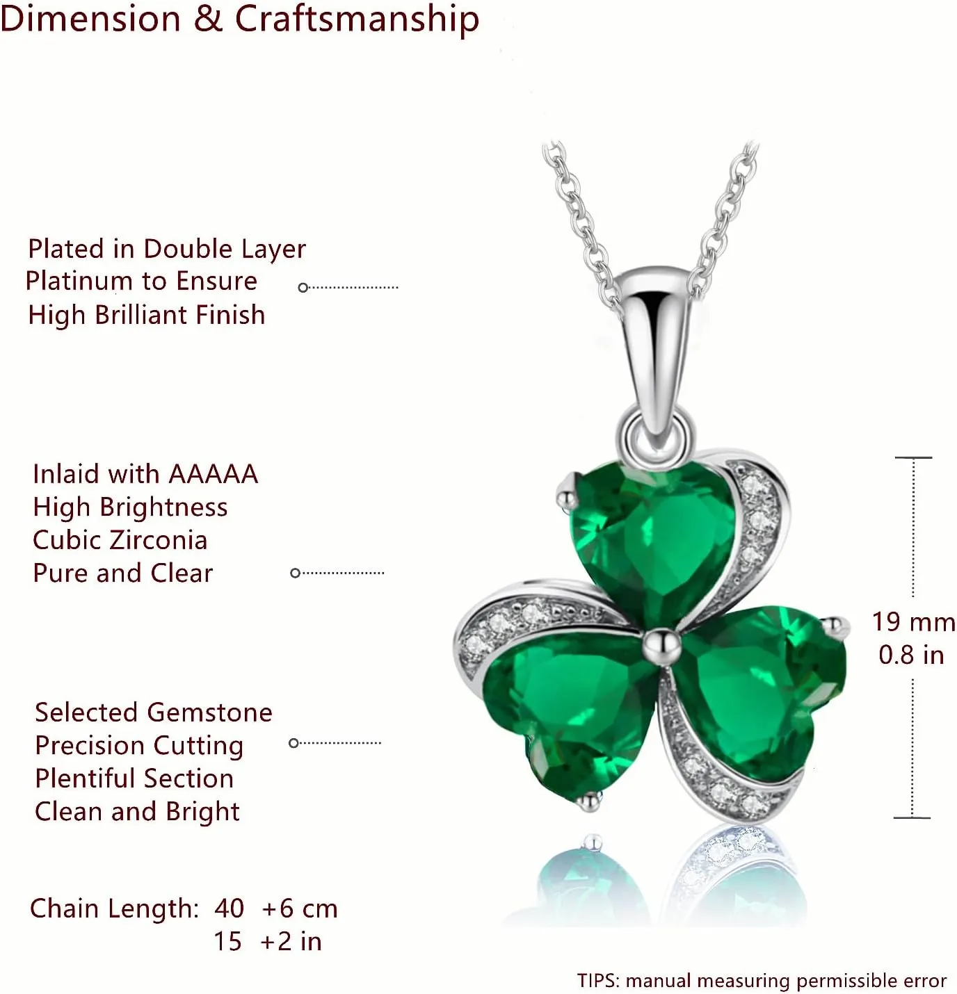 VONSSY Elegant Clover Pendant Necklace | Emerald Green Gemstone Irish Shamrock Pendant | Platinum Gold Plated Chain | Meaningful Jewelry Gift for Women Mother Girlfriend