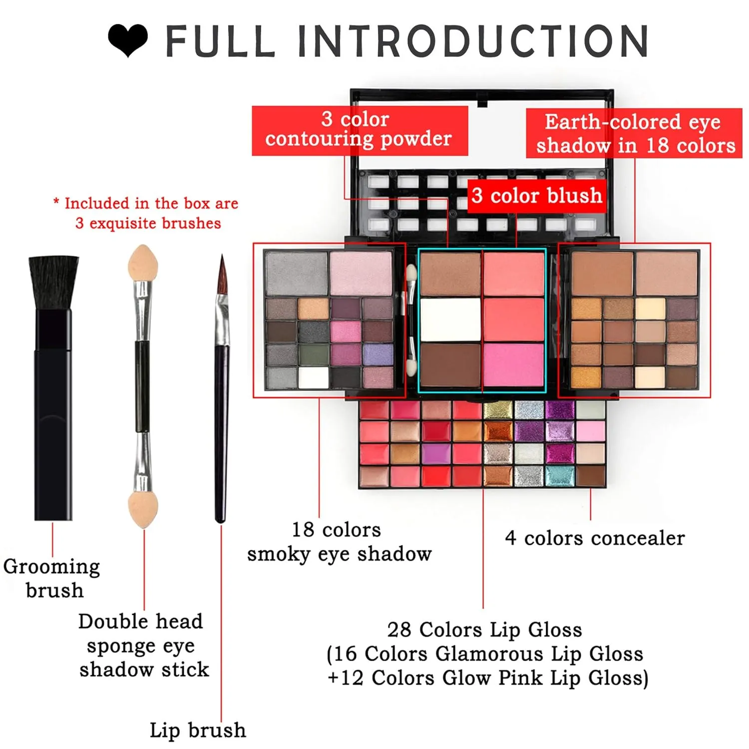 Vtrem Professional Makeup Palette Set, 36 Colors Eyeshadow   28 Lip Glosses   4 Concealer Powder   3 Blushers   2 Contouring   1 Highlight   3 Brushes   Mirror, Make Up Palette Set