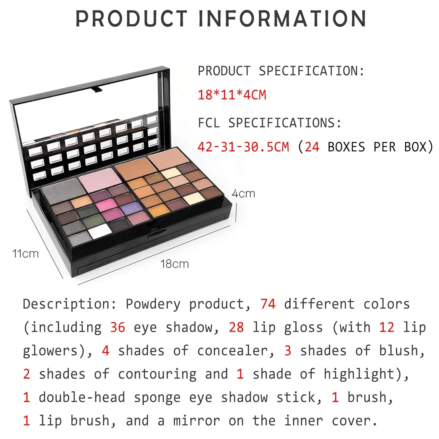Vtrem Professional Makeup Palette Set, 36 Colors Eyeshadow   28 Lip Glosses   4 Concealer Powder   3 Blushers   2 Contouring   1 Highlight   3 Brushes   Mirror, Make Up Palette Set