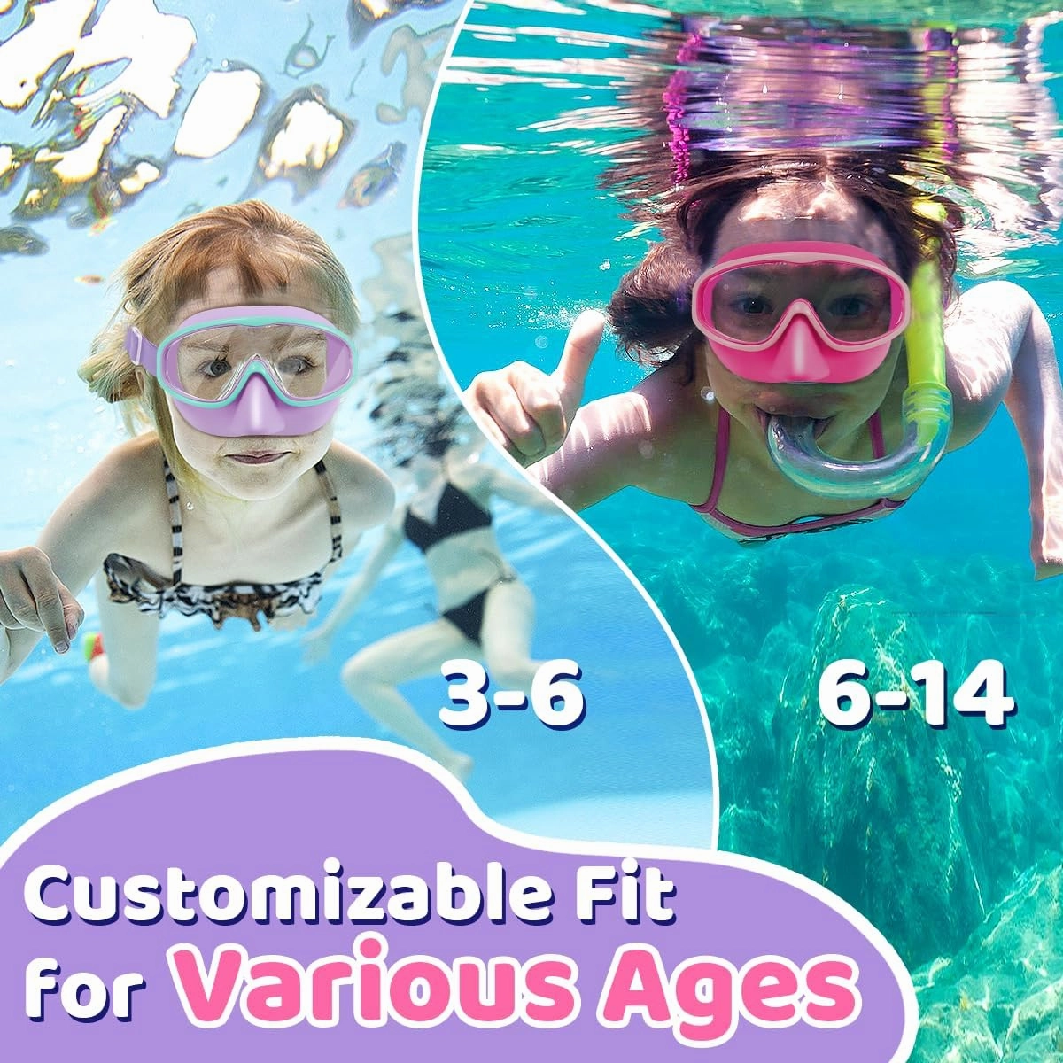 Vvinca Kids Goggles with Comfort Fabric Strap, Kids Swim Goggles Wide View Anti-Fog/UV No Leaking Swimming Goggles for 3-14