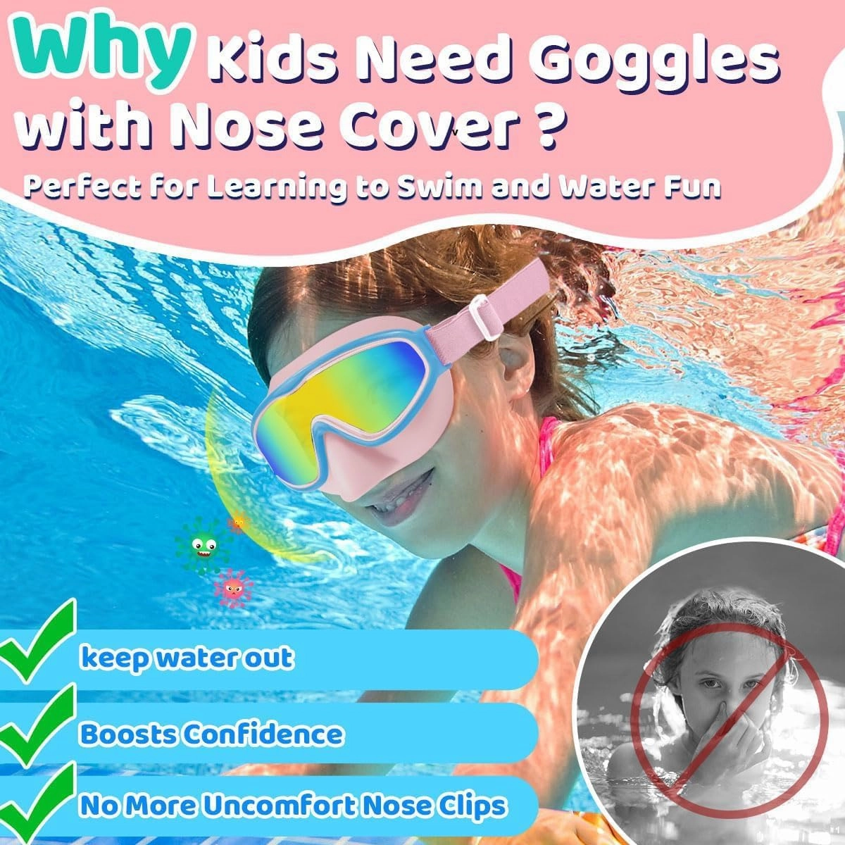 Vvinca Kids Goggles with Comfort Fabric Strap, Kids Swim Goggles Wide View Anti-Fog/UV No Leaking Swimming Goggles for 3-14