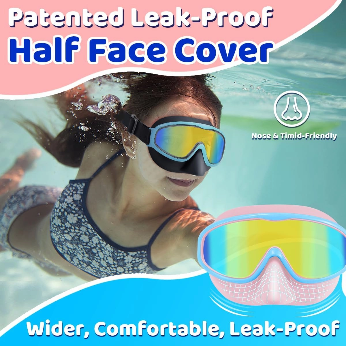 Vvinca Kids Goggles with Comfort Fabric Strap, Kids Swim Goggles Wide View Anti-Fog/UV No Leaking Swimming Goggles for 3-14