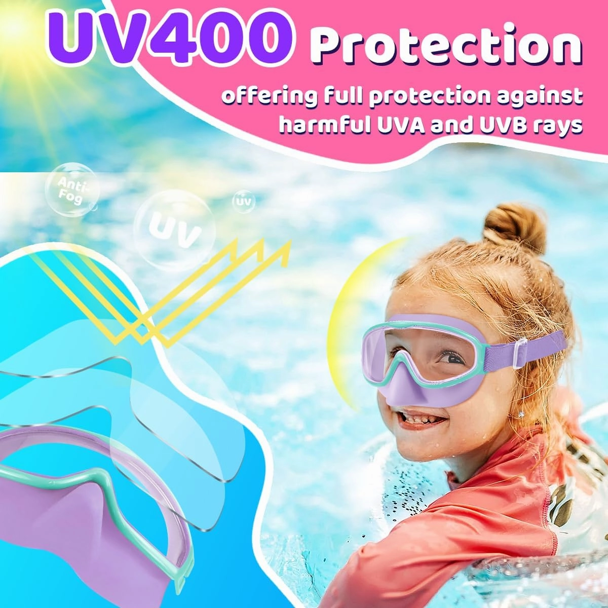 Vvinca Kids Goggles with Comfort Fabric Strap, Kids Swim Goggles Wide View Anti-Fog/UV No Leaking Swimming Goggles for 3-14