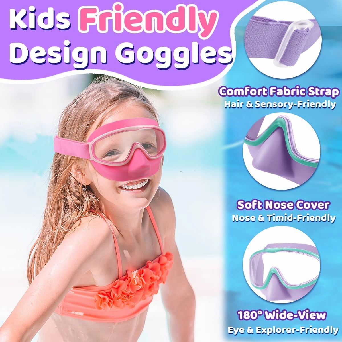 Vvinca Kids Goggles with Comfort Fabric Strap, Kids Swim Goggles Wide View Anti-Fog/UV No Leaking Swimming Goggles for 3-14