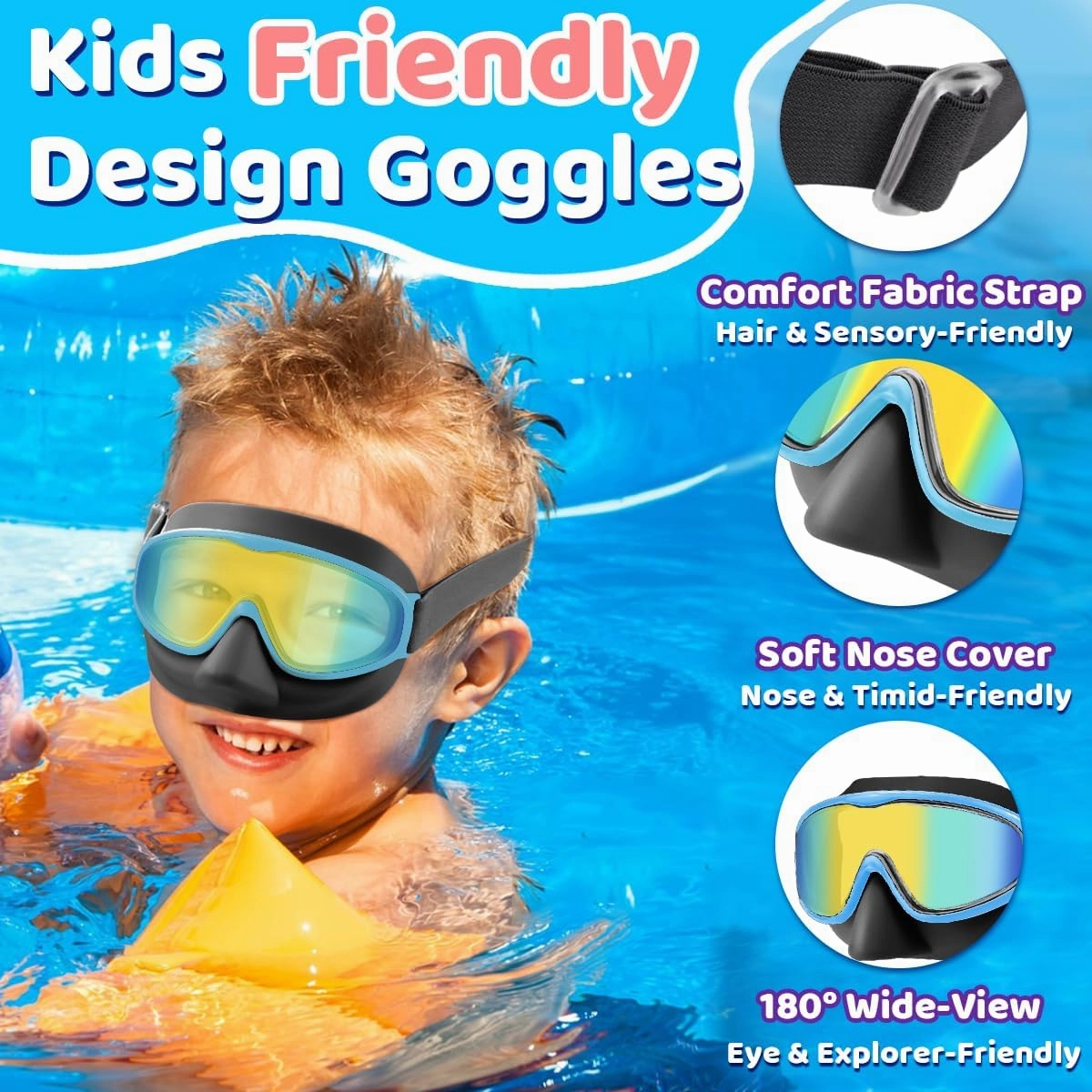 Vvinca Kids Goggles with Comfort Fabric Strap, Kids Swim Goggles Wide View Anti-Fog/UV No Leaking Swimming Goggles for 3-14