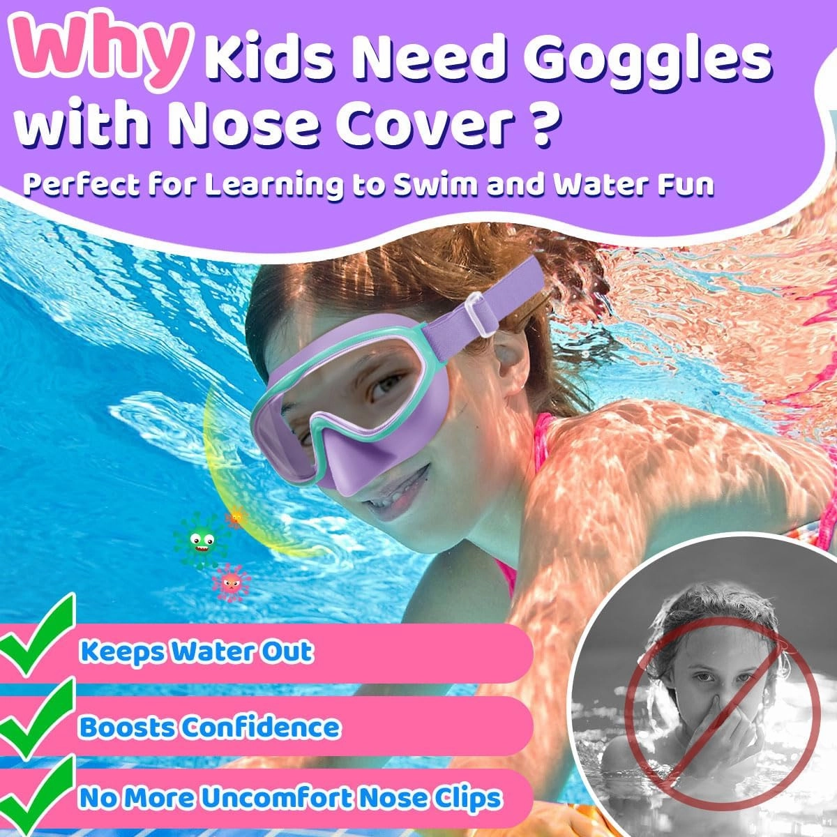 Vvinca Kids Goggles with Comfort Fabric Strap, Kids Swim Goggles Wide View Anti-Fog/UV No Leaking Swimming Goggles for 3-14