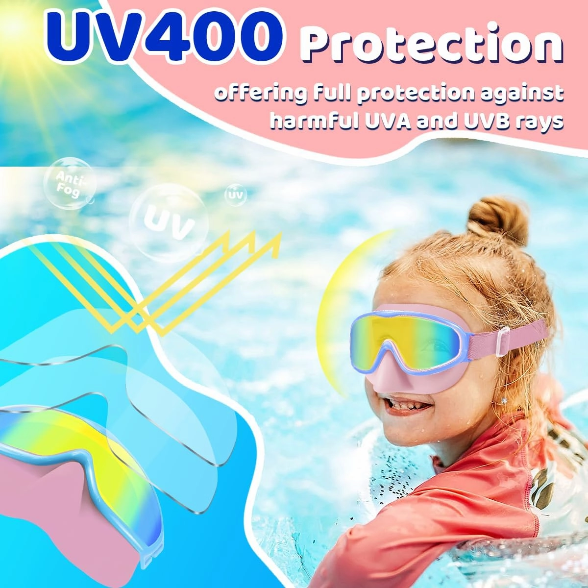 Vvinca Kids Goggles with Comfort Fabric Strap, Kids Swim Goggles Wide View Anti-Fog/UV No Leaking Swimming Goggles for 3-14