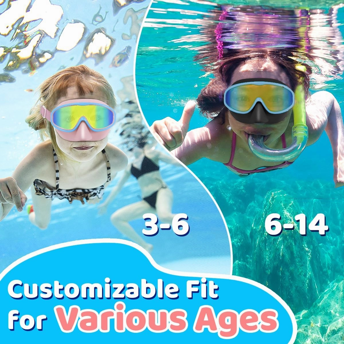 Vvinca Kids Goggles with Comfort Fabric Strap, Kids Swim Goggles Wide View Anti-Fog/UV No Leaking Swimming Goggles for 3-14