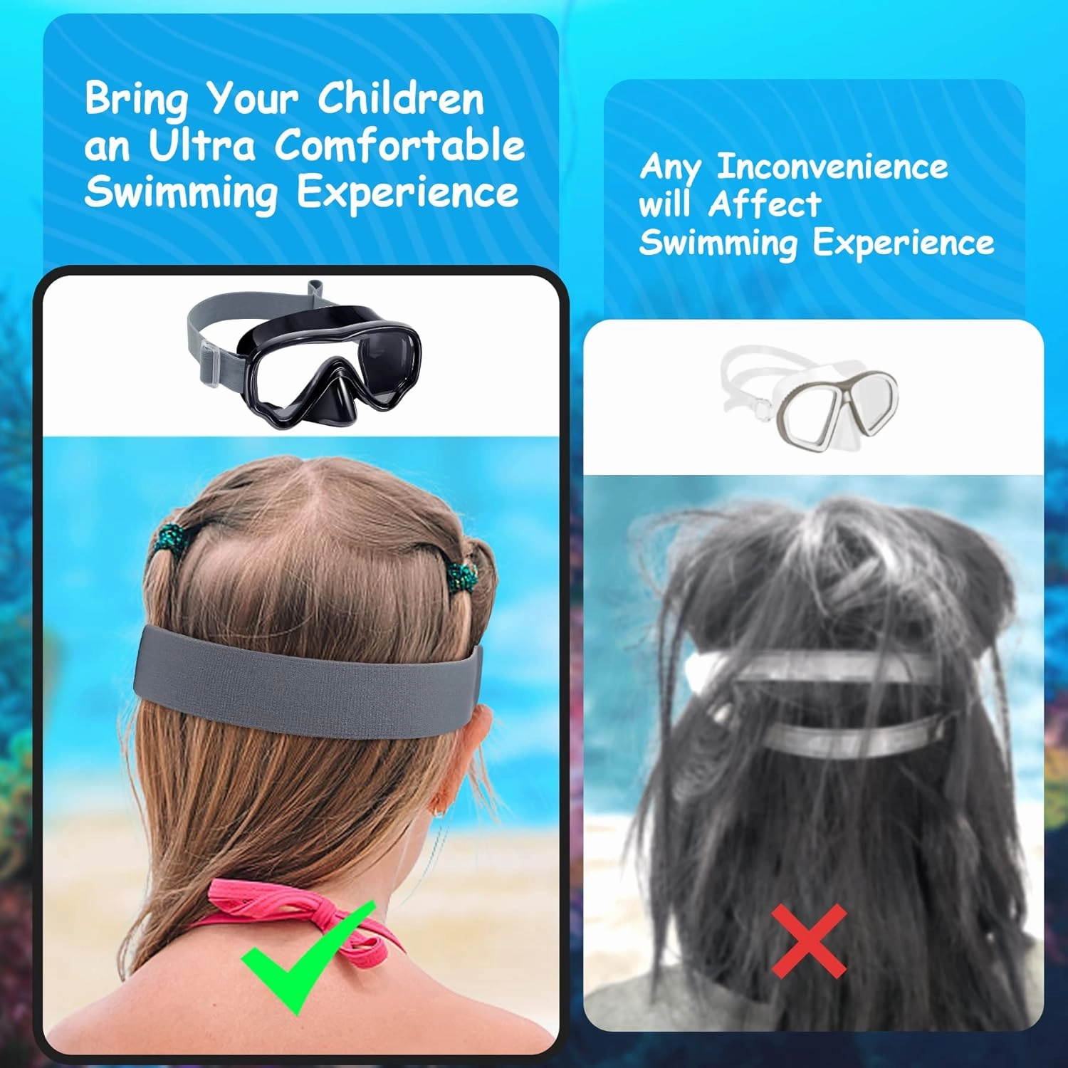 Vvinca Kids Swim Goggles with Fabric Strap No Tangle Pain-Free, Anti-Fog Swimming Pool Goggle No Leak for Toddlers Girls Boys