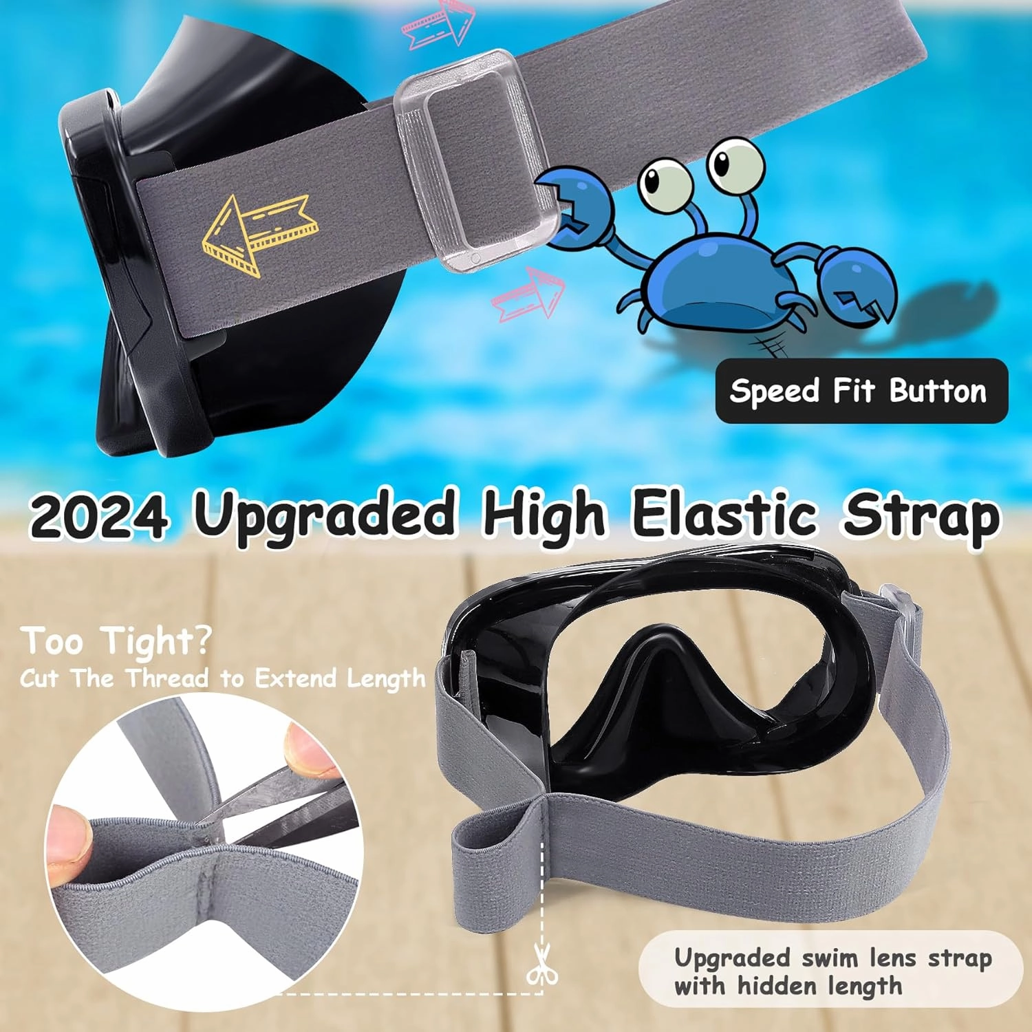 Vvinca Kids Swim Goggles with Fabric Strap No Tangle Pain-Free, Anti-Fog Swimming Pool Goggle No Leak for Toddlers Girls Boys