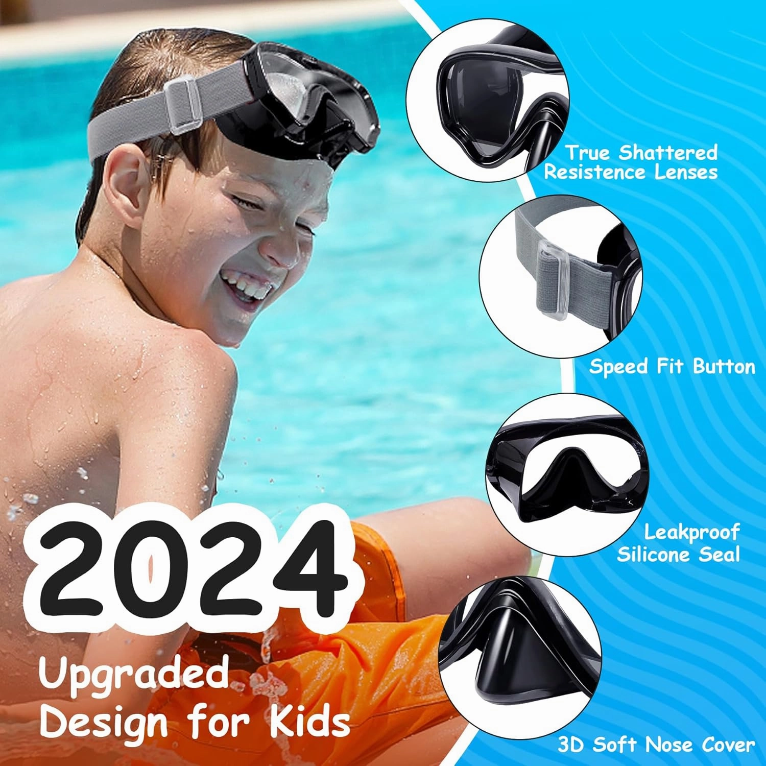 Vvinca Kids Swim Goggles with Fabric Strap No Tangle Pain-Free, Anti-Fog Swimming Pool Goggle No Leak for Toddlers Girls Boys