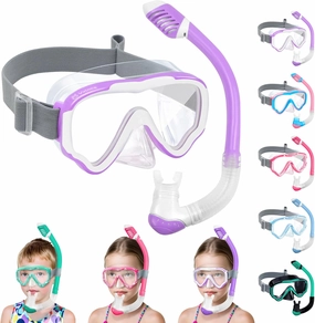 Vvinca Snorkeling Gear for Kids Dry Top Kids Snorkel Set for Boys Girls Junior Youth Children Age 4-14 Swim Goggles with Nose Cover Anti-Fog Panoramic View Adjustable Elastic Diving Mask and Snorkel