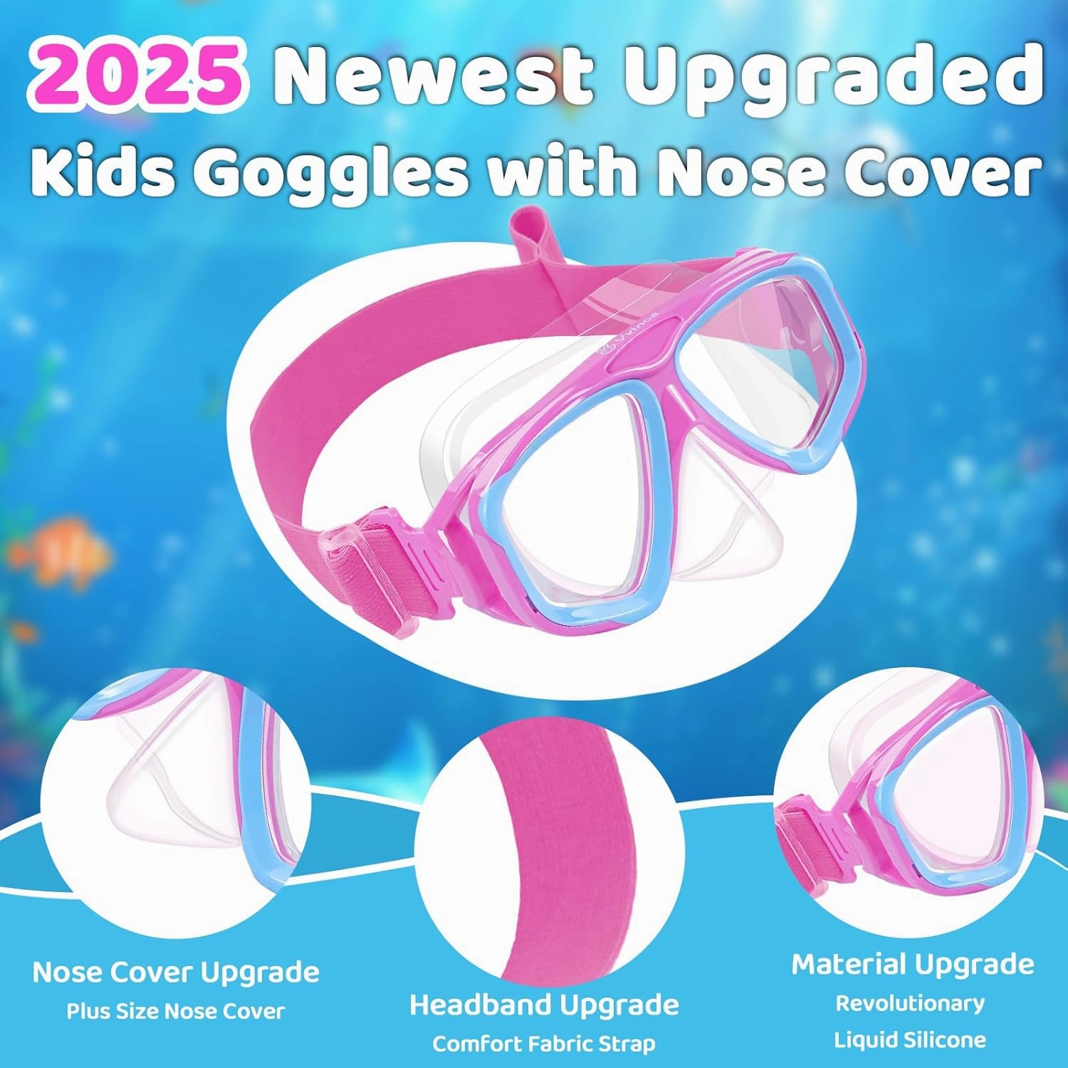 Vvinca Swim Goggles with Nose Cover, Snorkel Diving Mask Fabric Strap Wide View Anti-Fog/UV Swimming Goggles for Kids 3-14