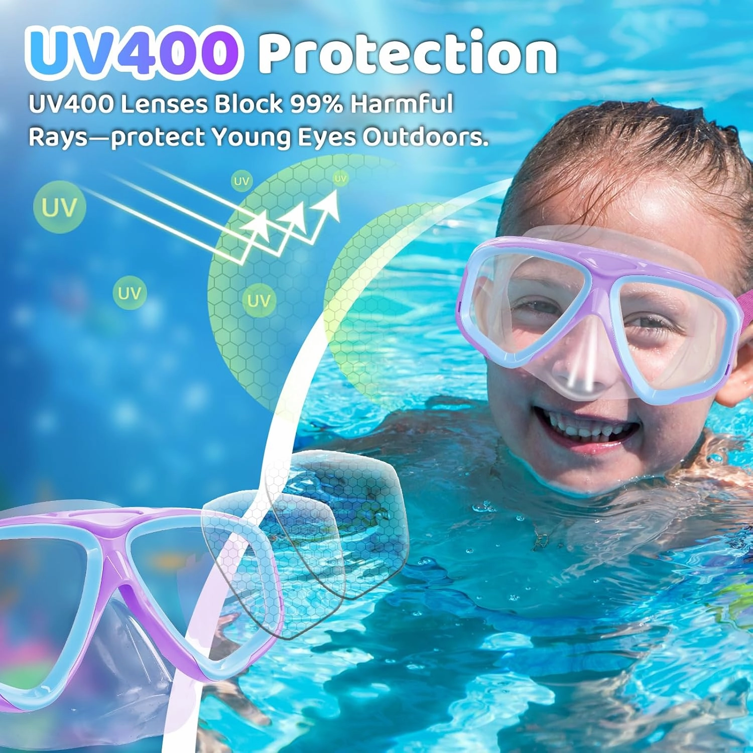 Vvinca Swim Goggles with Nose Cover, Snorkel Diving Mask Fabric Strap Wide View Anti-Fog/UV Swimming Goggles for Kids 3-14