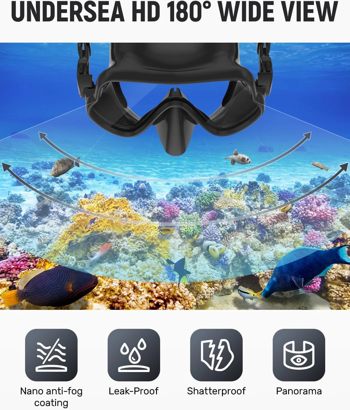 W WSTOO Full Silicone Swim Goggles with Nose Cover, Panoramic Anti-Glare Tempered Glass Snorkeli Mask, Anti-Fog and Leak Proof, Swim and Snorkel Gear for Adult