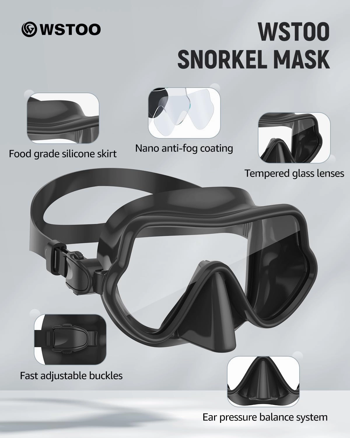 W WSTOO Full Silicone Swim Goggles with Nose Cover, Panoramic Anti-Glare Tempered Glass Snorkeli Mask, Anti-Fog and Leak Proof, Swim and Snorkel Gear for Adult
