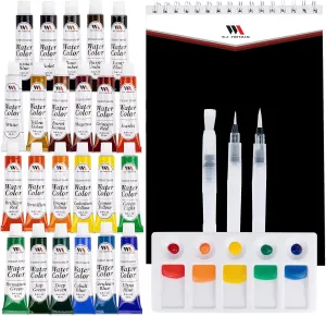 WA Portman Watercolor Paint Set Tubes - 24 Water Color Paints for Adult and Kids Tube Set - 3 Water Refillable Brush Pens - Color Palette and A4 Pad Ideal for Beginner and Professional Use
