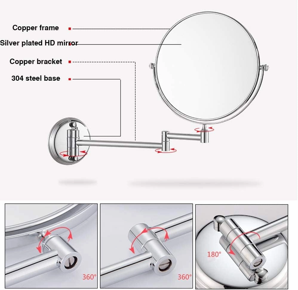 Wall Mounted Makeup Mirror, 10X/3X Magnification 8 Inch Two-Sided Swivel Vanity Mirror Extendable Bathroom Cosmetic Shaving Mirror Chrome Finish (Color : 10xsilverscrew6inch)