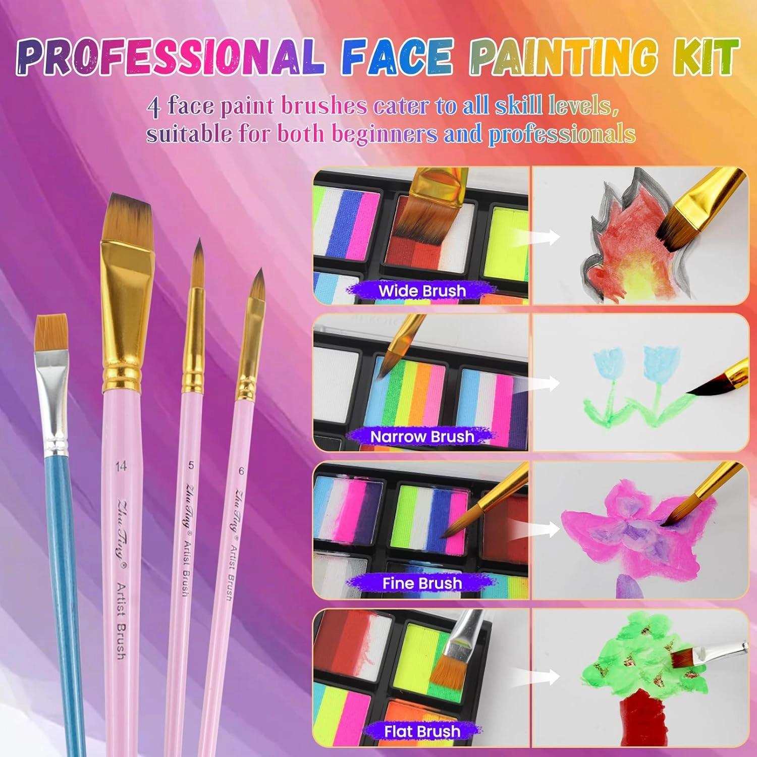Water Activated Face Paint, Highly Pigmented Face Painting Kit, Quick-Drying Body Paint for Adults, Split Cake Face Paint with 4 Face Paint Brushes for Halloween, Easter, Parties
