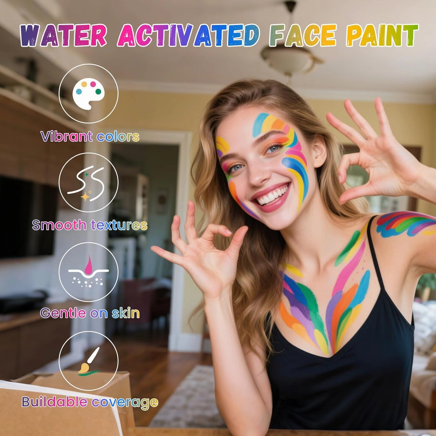 Water Activated Face Paint, Highly Pigmented Face Painting Kit, Quick-Drying Body Paint for Adults, Split Cake Face Paint with 4 Face Paint Brushes for Halloween, Easter, Parties