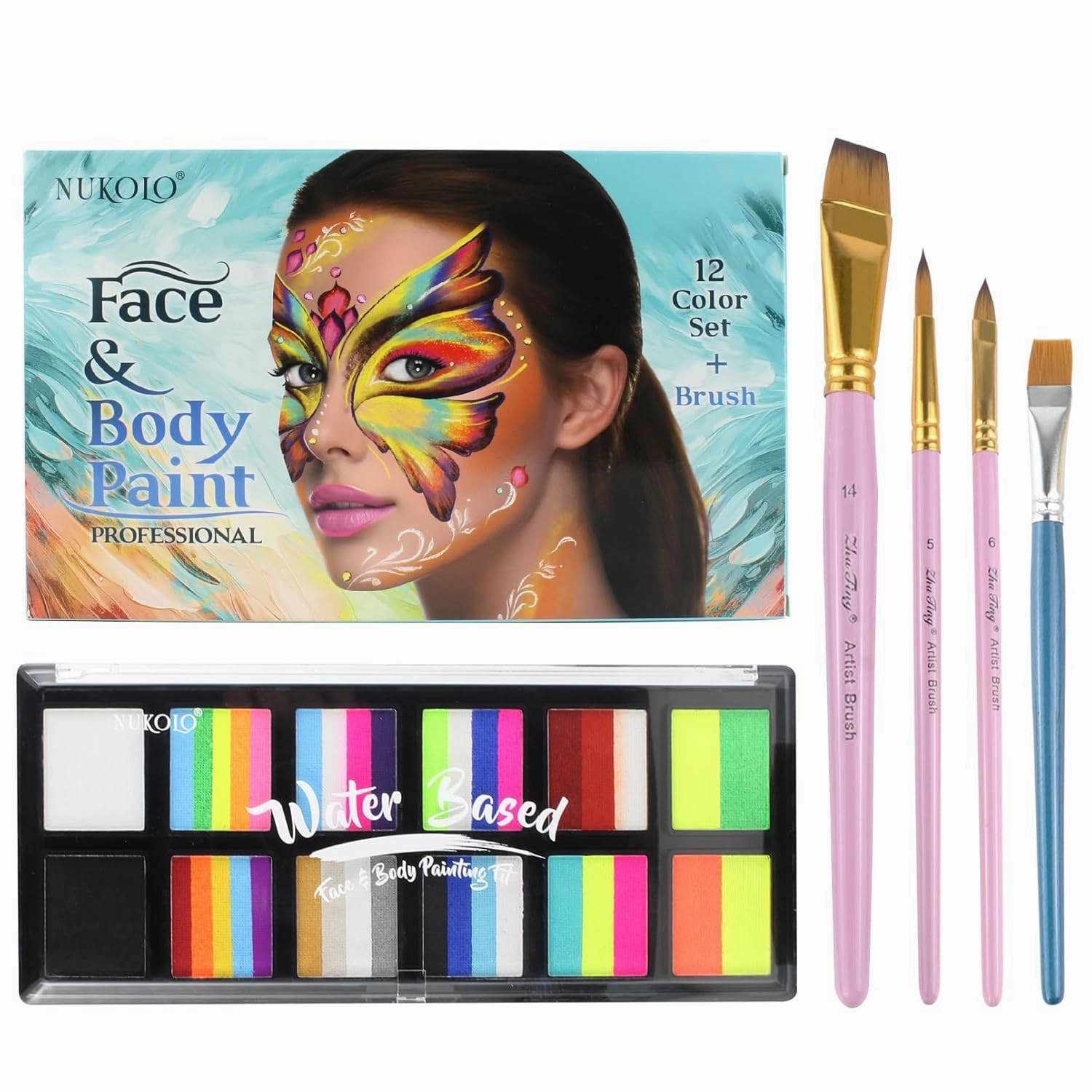 Water Activated Face Paint, Highly Pigmented Face Painting Kit, Quick-Drying Body Paint for Adults, Split Cake Face Paint with 4 Face Paint Brushes for Halloween, Easter, Parties