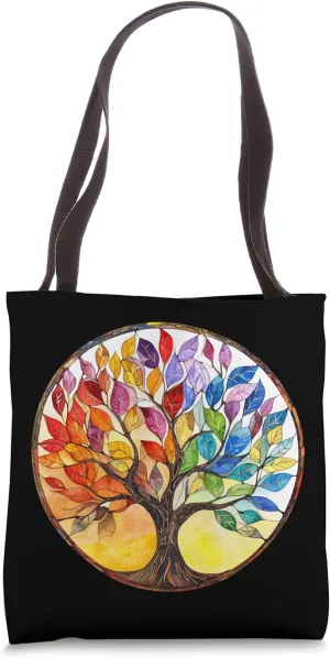 Watercolor Art, Rainbow Tree of Life, Artistic Boho Tote Bag