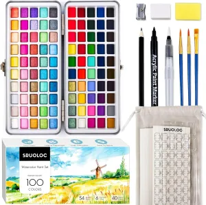 Watercolor Paint Set 100 Colors, Travel Watercolor Set with Portable Carrying Case, Papers, Brushes and Accessories, Ideal for Artists, Amateur Hobbyists and Painting Lovers