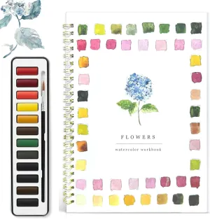 Watercolor Workbook - Flowers, Beginner-Friendly Watercolor Painting Kit with Paint, 12 Colors Watercolor Paint Set with Paint Brush, Watercolor Paint Book for Kids Adults Teens
