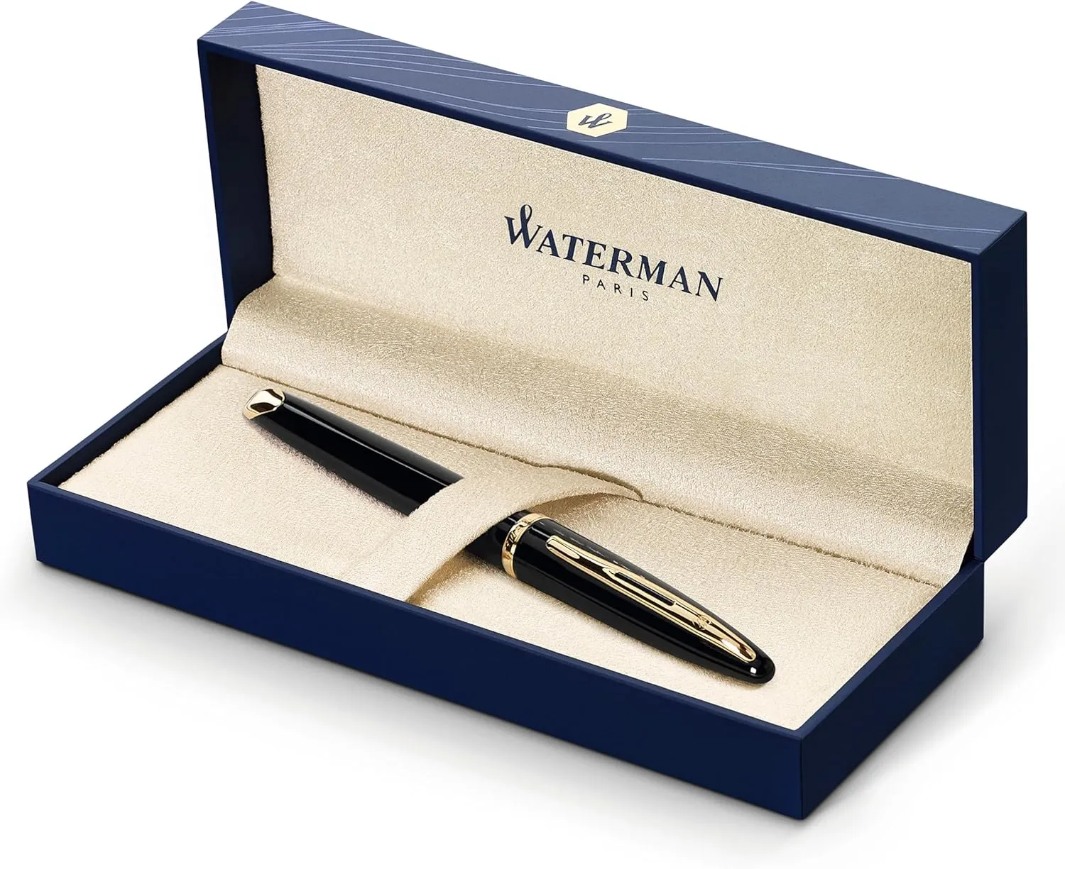 Waterman Carène Black Sea Fountain Pen | High-Gloss Black & 23k Gold Clip | Fine Nib with Blue Ink Cartridge | Gift Box