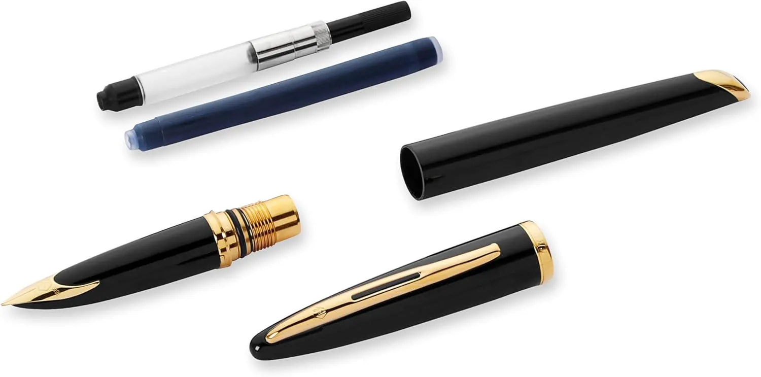 Waterman Carène Black Sea Fountain Pen | High-Gloss Black & 23k Gold Clip | Fine Nib with Blue Ink Cartridge | Gift Box