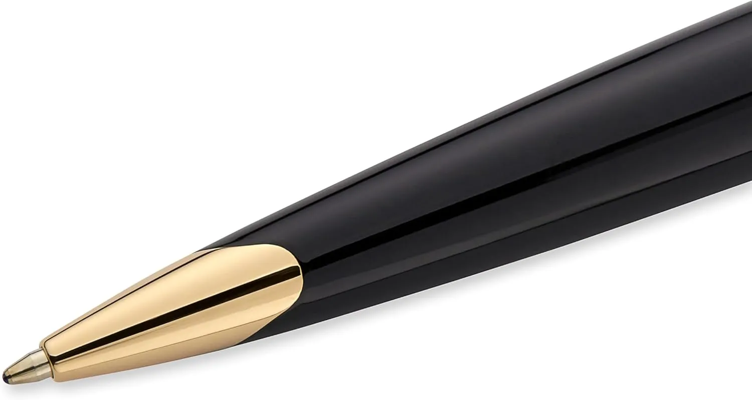Waterman Carène Deluxe Ballpoint Pen, Gloss Black & Silver Plated with 23k Gold Clip, Medium Point with Blue Ink Cartridge, Gift Box
