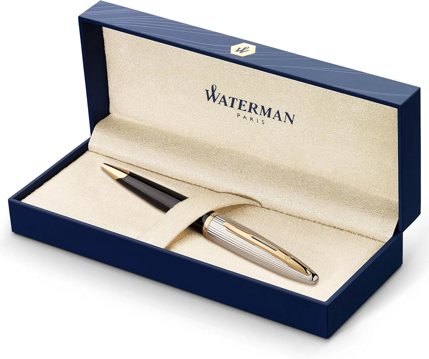 Waterman Carène Deluxe Ballpoint Pen, Gloss Black & Silver Plated with 23k Gold Clip, Medium Point with Blue Ink Cartridge, Gift Box
