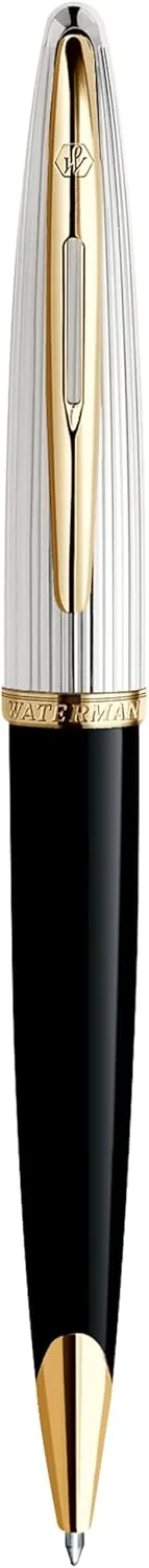 Waterman Carène Deluxe Ballpoint Pen, Gloss Black & Silver Plated with 23k Gold Clip, Medium Point with Blue Ink Cartridge, Gift Box