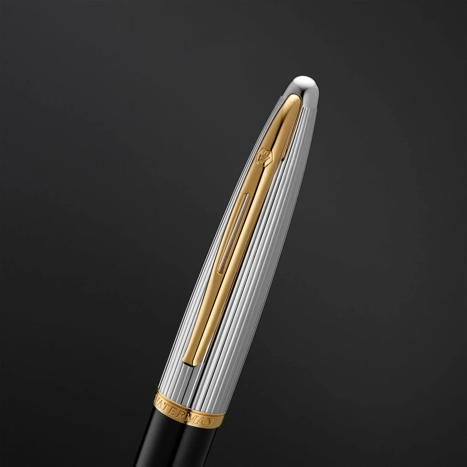 Waterman Carène Deluxe Ballpoint Pen, Gloss Black & Silver Plated with 23k Gold Clip, Medium Point with Blue Ink Cartridge, Gift Box
