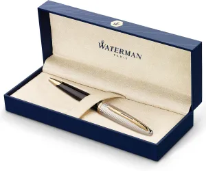 Waterman Carène Deluxe Ballpoint Pen, Gloss Black & Silver Plated with 23k Gold Clip, Medium Point with Blue Ink Cartridge, Gift Box