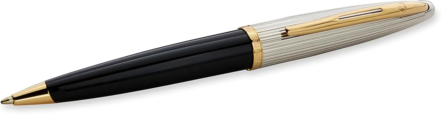 Waterman Carène Deluxe Ballpoint Pen, Gloss Black & Silver Plated with 23k Gold Clip, Medium Point with Blue Ink Cartridge, Gift Box