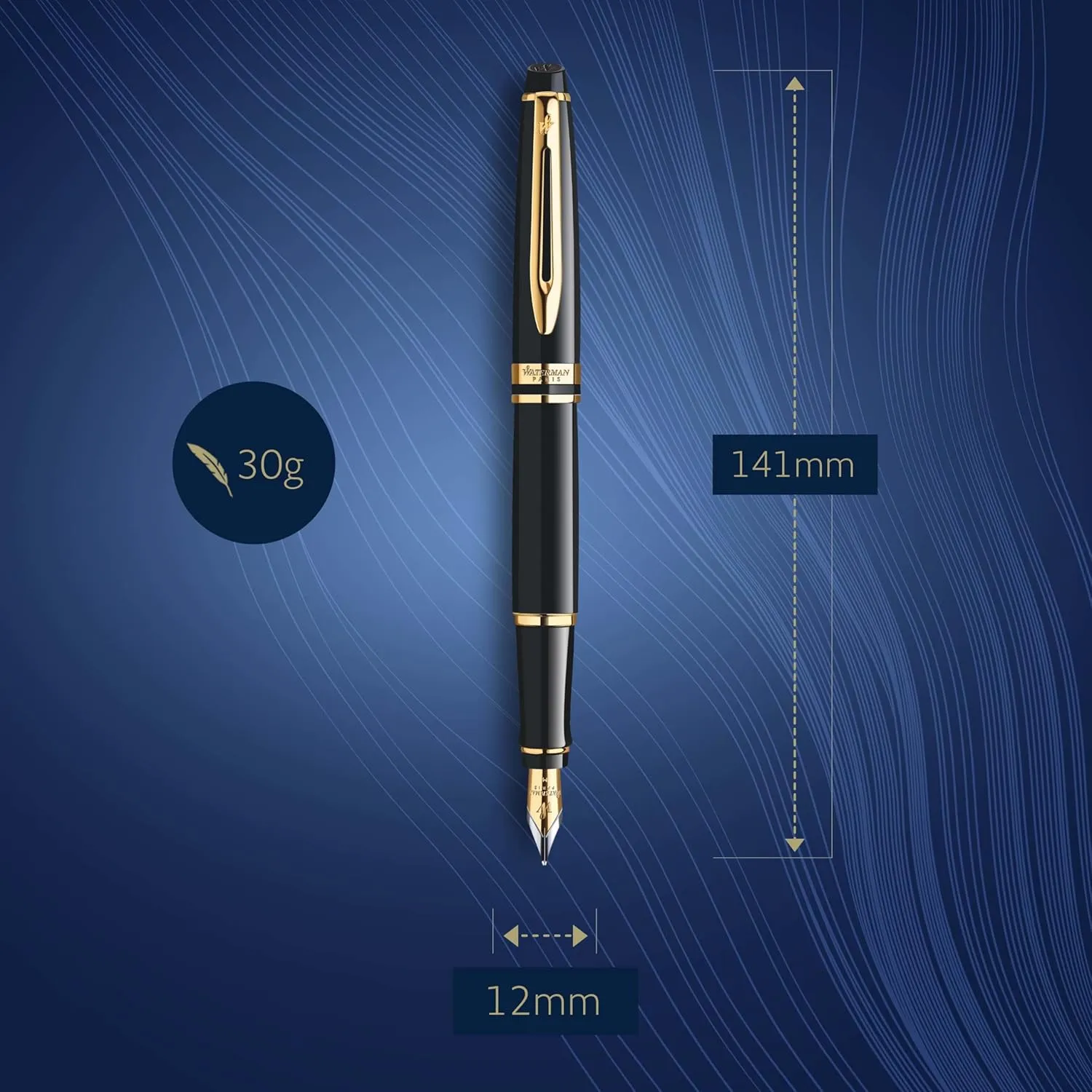 Waterman Expert Fountain Pen, Gloss Black with 23k Gold Trim, Fine Nib, Luxury Fountain Pen in Gift Box, Fountain Pen for Writing