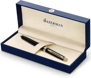 Waterman Hémisphère Fountain Pen, Black with Gold Trim, Medium Nib, Blue Ink, Gift Box