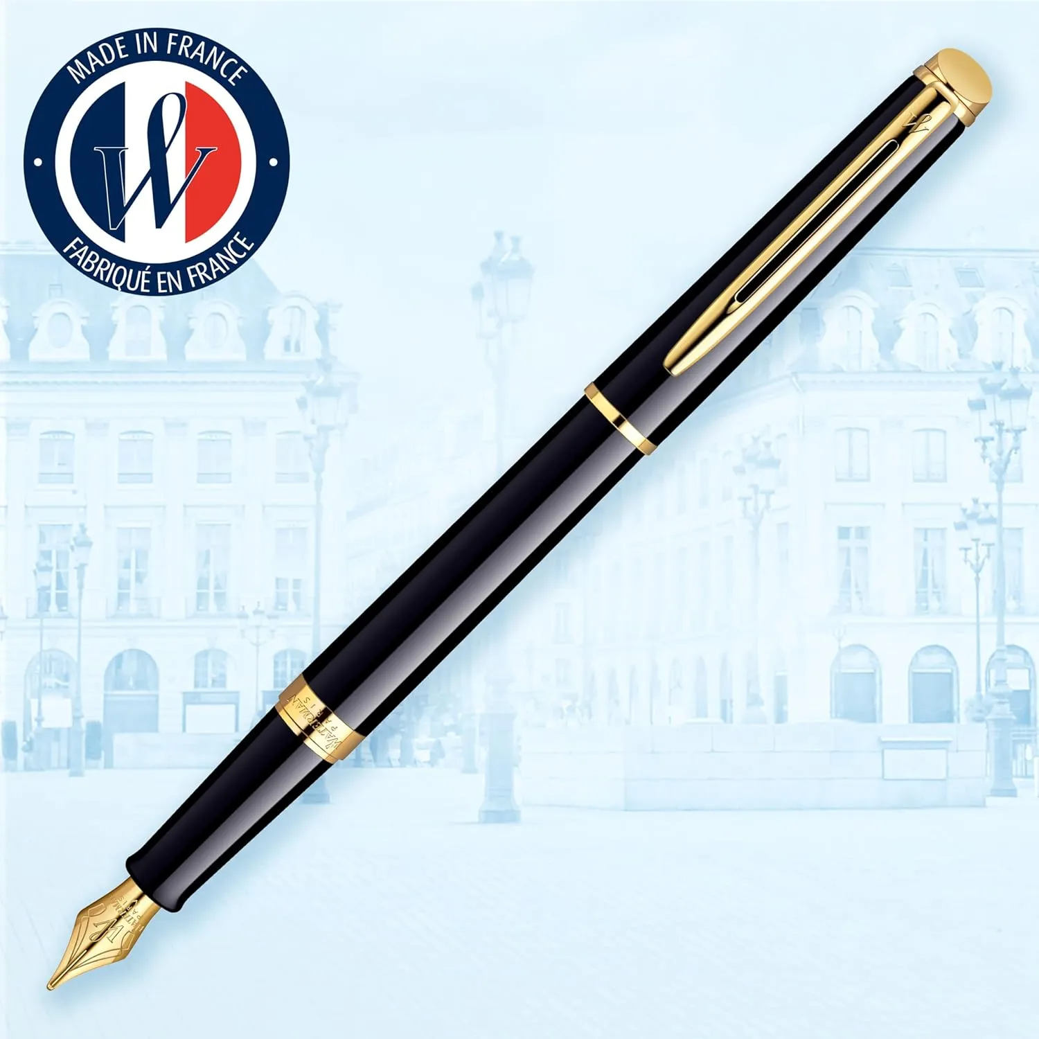 Waterman Hémisphère Fountain Pen, Black with Gold Trim, Medium Nib, Blue Ink, Gift Box