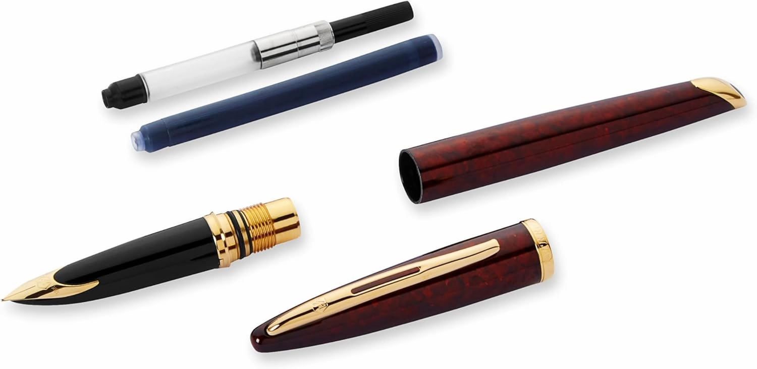 Waterman Carène Marine Amber Fountain Pen | Gloss Brown & Black with 23k Gold Clip | Medium Nib with Blue Ink Cartridge | Gift Box