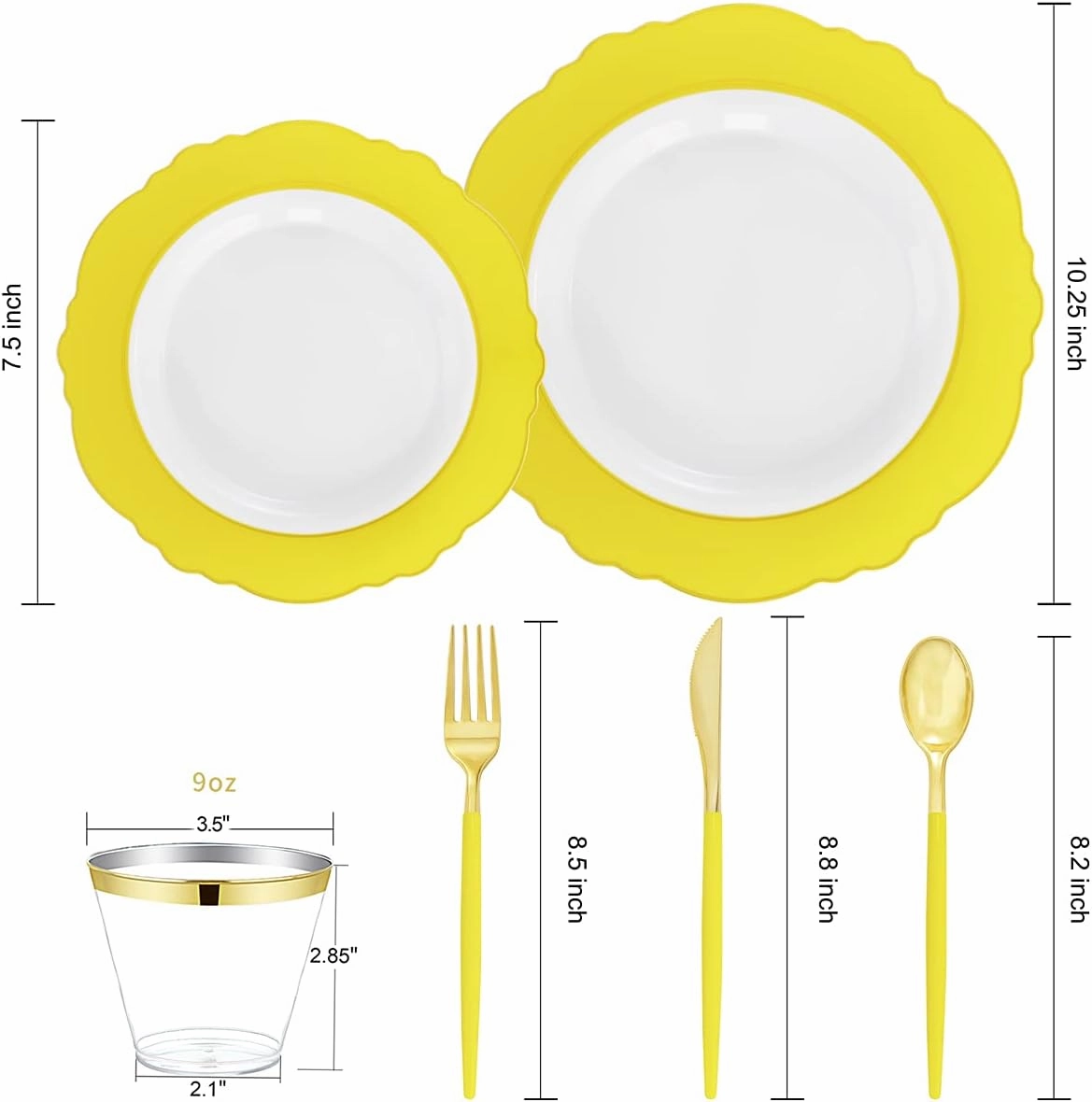 WDF 150pieces Yellow Disposable Dinnerware Hign-end Baroque Design - Sturdy&Durable Baroque Yellow Sunshine&Gold Plastic Dinnerware for Upscale Wedding &Parties