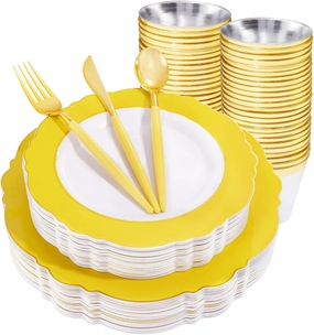 WDF 150pieces Yellow Disposable Dinnerware Hign-end Baroque Design - Sturdy&Durable Baroque Yellow Sunshine&Gold Plastic Dinnerware for Upscale Wedding &Parties