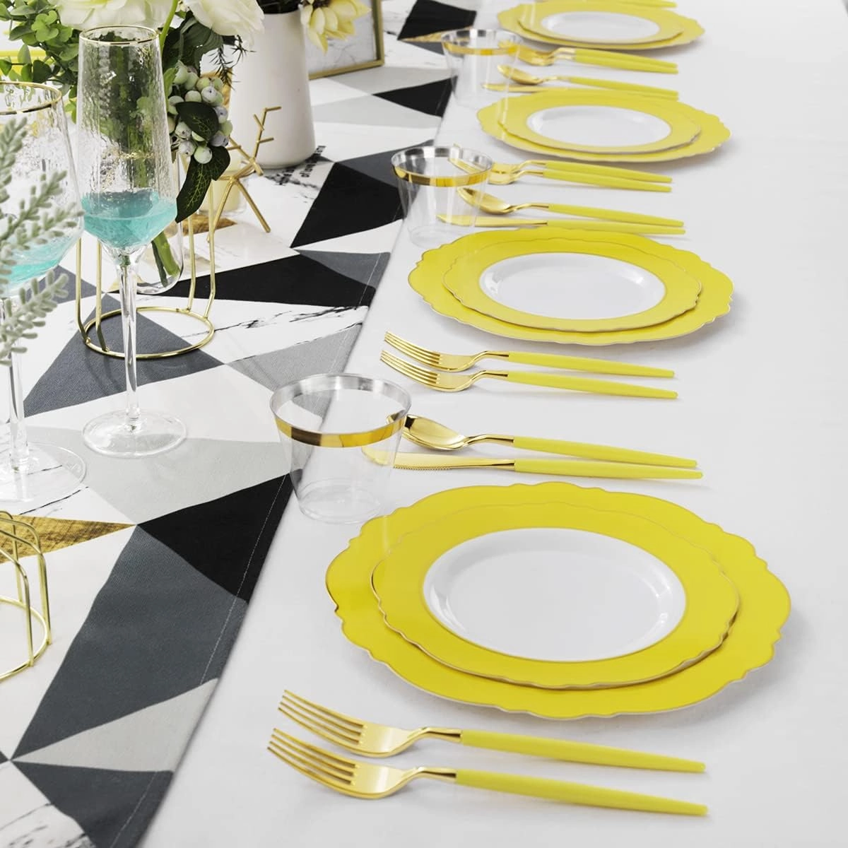 WDF 150pieces Yellow Disposable Dinnerware Hign-end Baroque Design - Sturdy&Durable Baroque Yellow Sunshine&Gold Plastic Dinnerware for Upscale Wedding &Parties