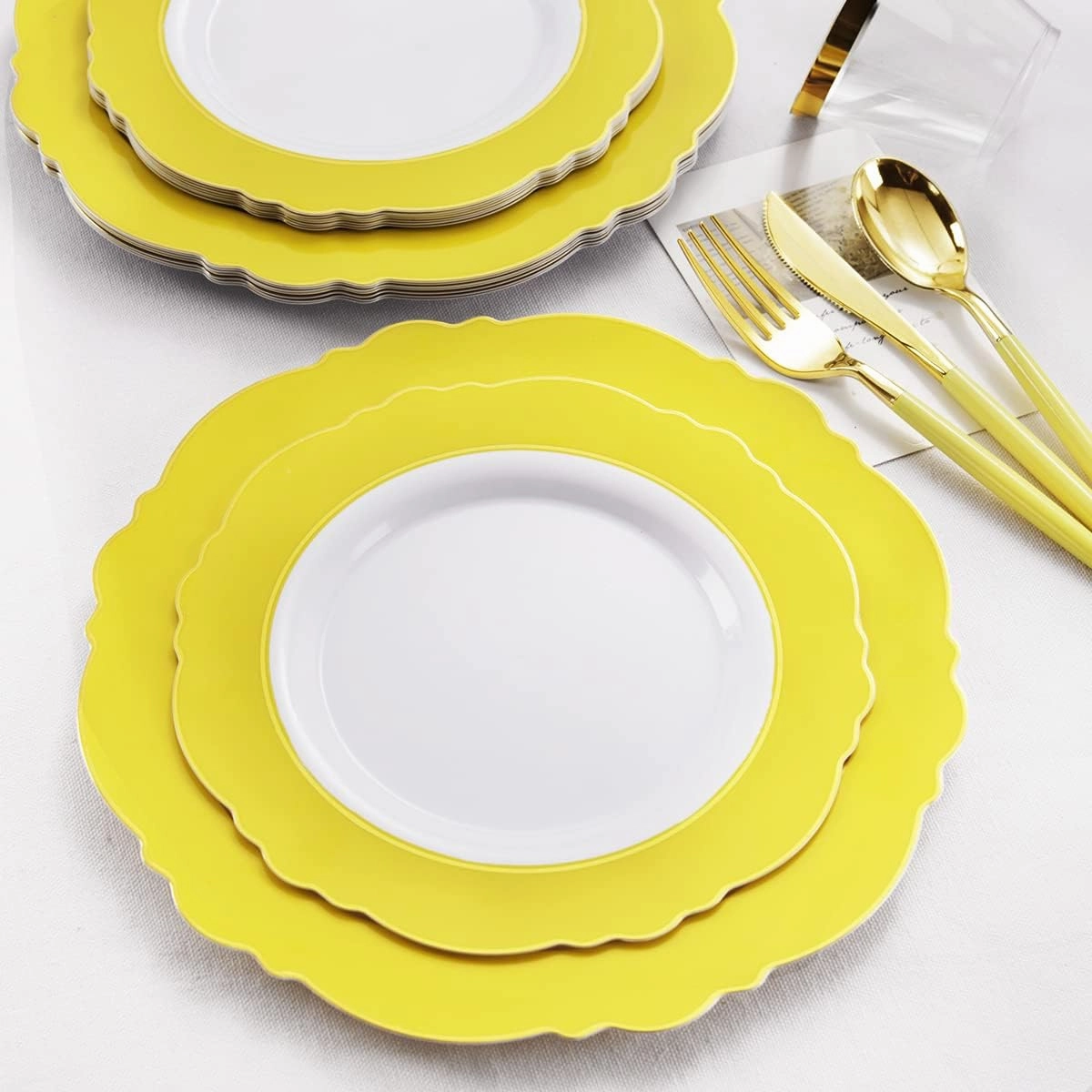 WDF 150pieces Yellow Disposable Dinnerware Hign-end Baroque Design - Sturdy&Durable Baroque Yellow Sunshine&Gold Plastic Dinnerware for Upscale Wedding &Parties