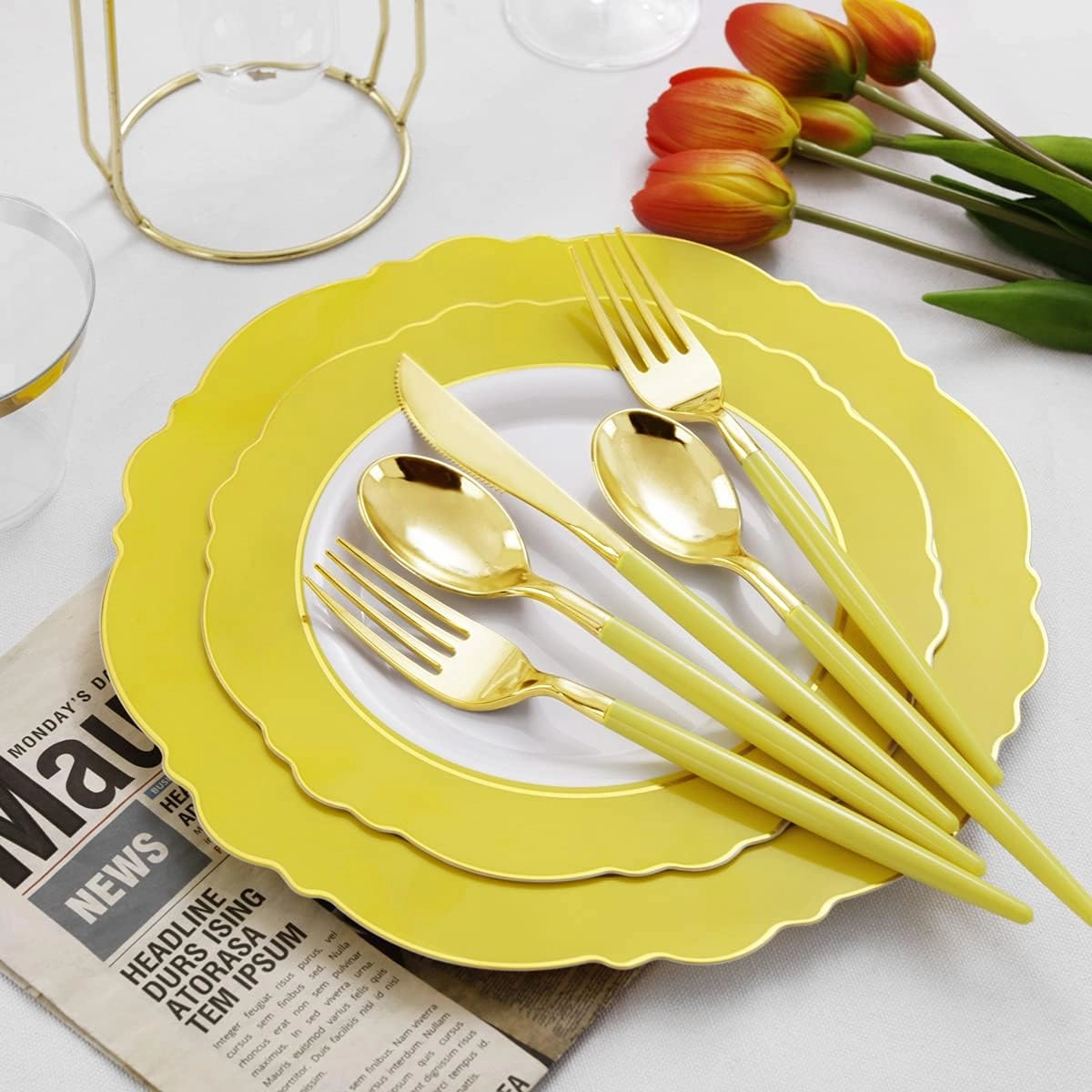 WDF 150pieces Yellow Disposable Dinnerware Hign-end Baroque Design - Sturdy&Durable Baroque Yellow Sunshine&Gold Plastic Dinnerware for Upscale Wedding &Parties