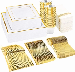 WDF 50 Guest Gold Plastic Plates with Disposable Cutlery& Cups-Square Disposable Plates-Gold Plastic Utensils Set and Napkins for Wedding& Parties