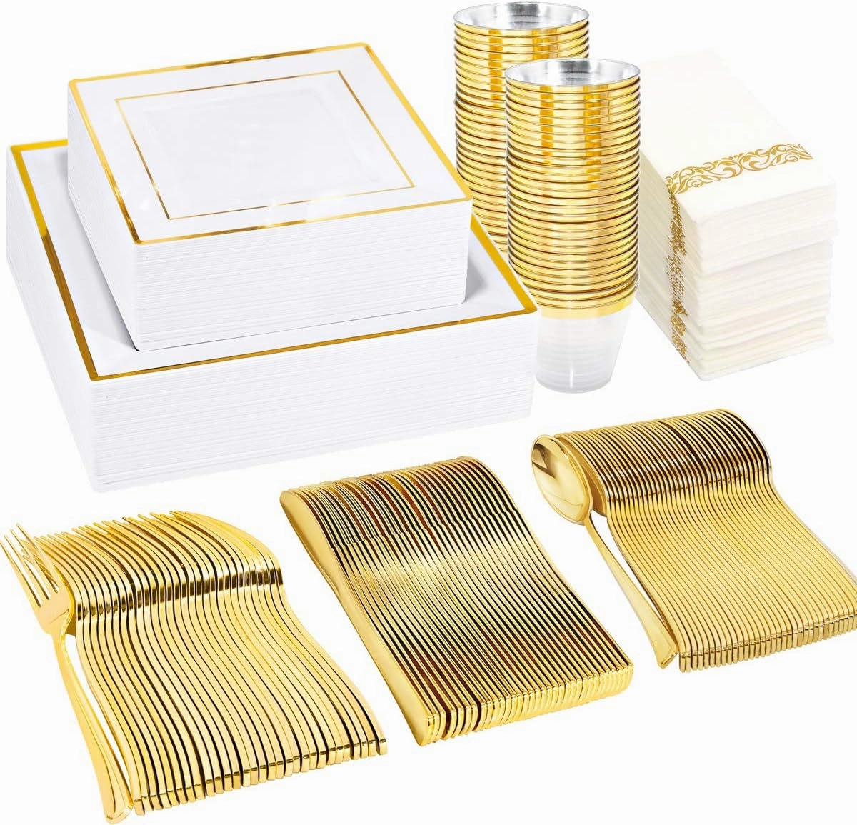 WDF 50 Guest Gold Plastic Plates with Disposable Cutlery& Cups-Square Disposable Plates-Gold Plastic Utensils Set and Napkins for Wedding& Parties